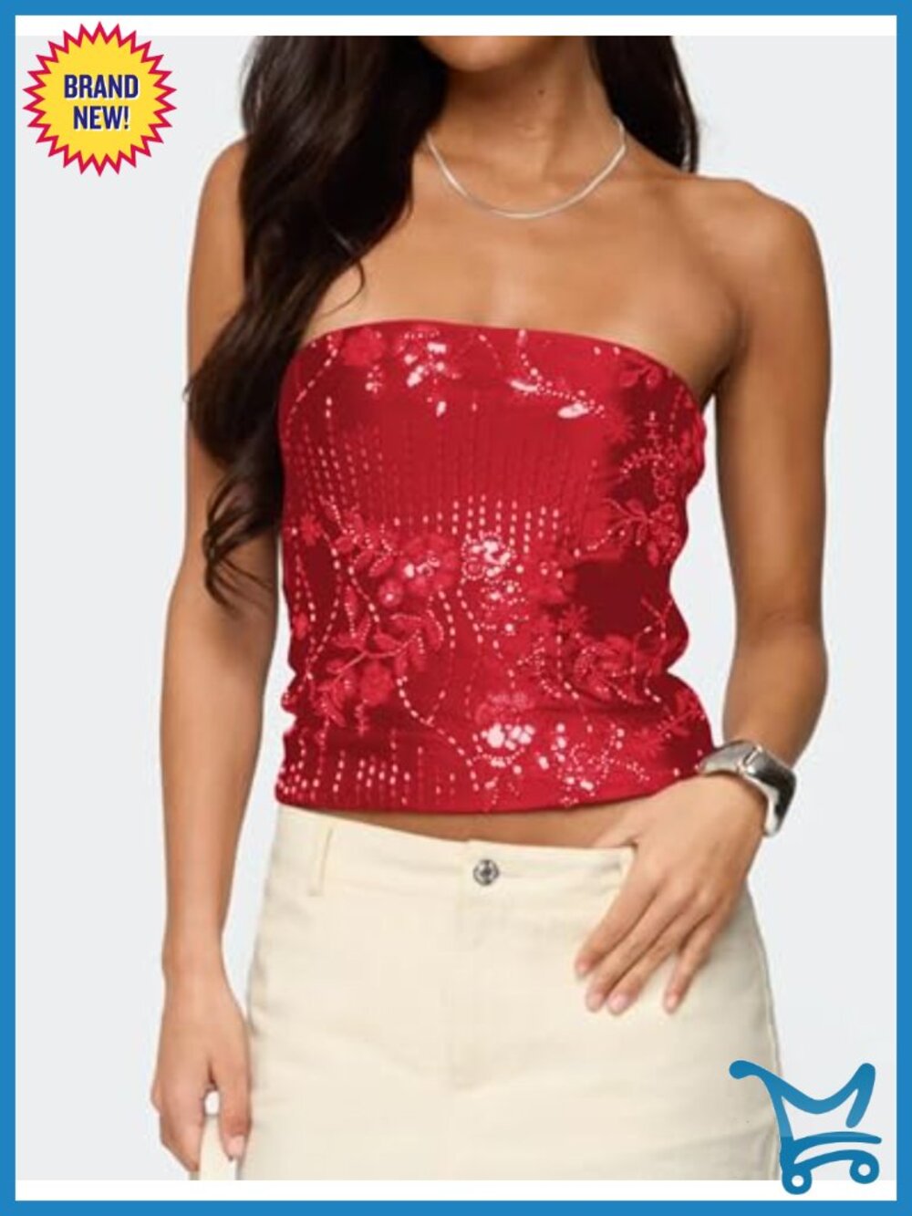 Sequin Tube Top Rhinestone Strapless Backless Sparkle Bandeau Top Y2K - Picture 5 of 6